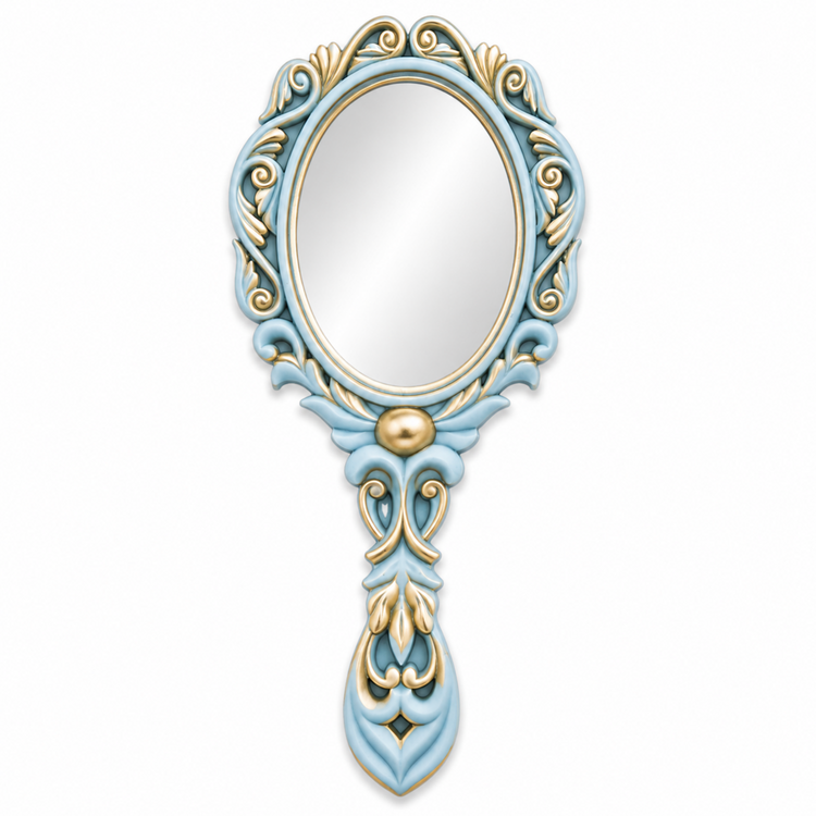Espejo de Mano Barroco Nº 41 con acabado azul pastel y oro envejecido realizado con molde de silicona AradiaShop