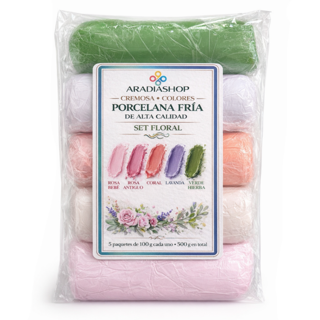 Set Porcelana Fría Cremosa Floral 500g | 5 Colores Suaves y Románticos