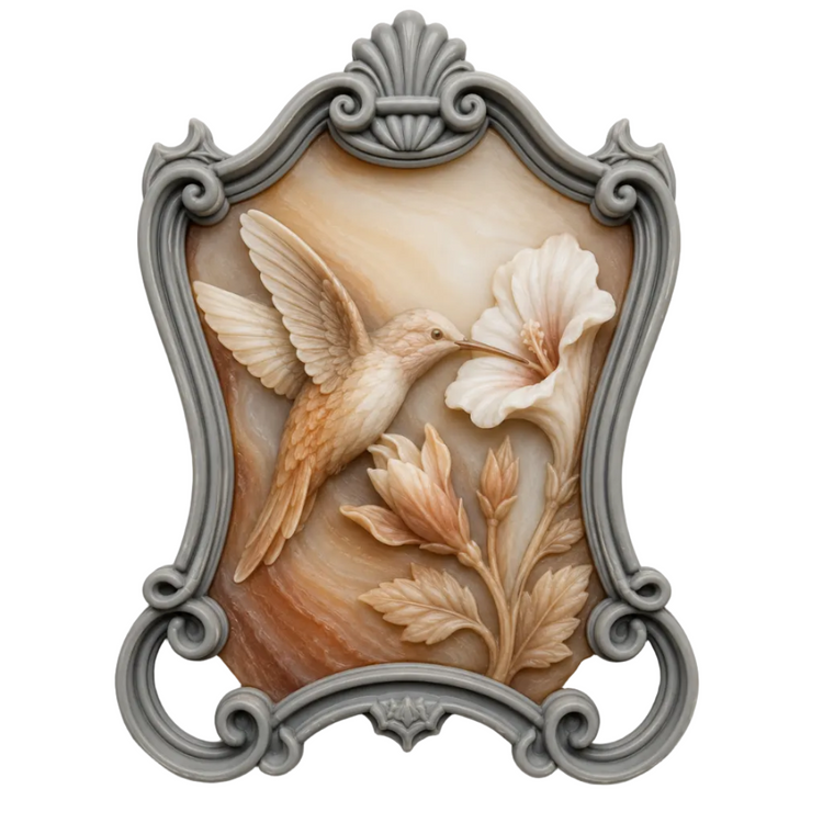 Marco Cartel Barroco Grande Nº 20 con camafeo de colibrí y flor en tonos de concha realizado con molde de silicona AradiaShop