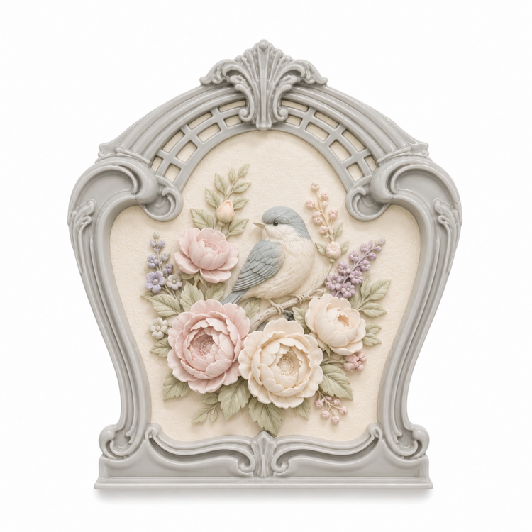 Marco Decorativo Art Nouveau Nº 48 con composición floral y ave en relieve realizado con molde de silicona AradiaShop