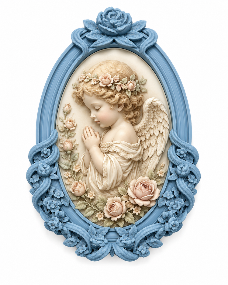Marco Floral Romántico Nº 27 con ángel victoriano y rosas en tonos pastel realizado con molde de silicona AradiaShop