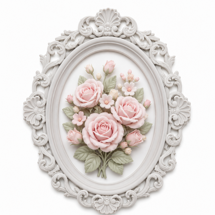 Marco Oval Barroco Nº 5 decorado con rosas de porcelana fría en tonos pastel