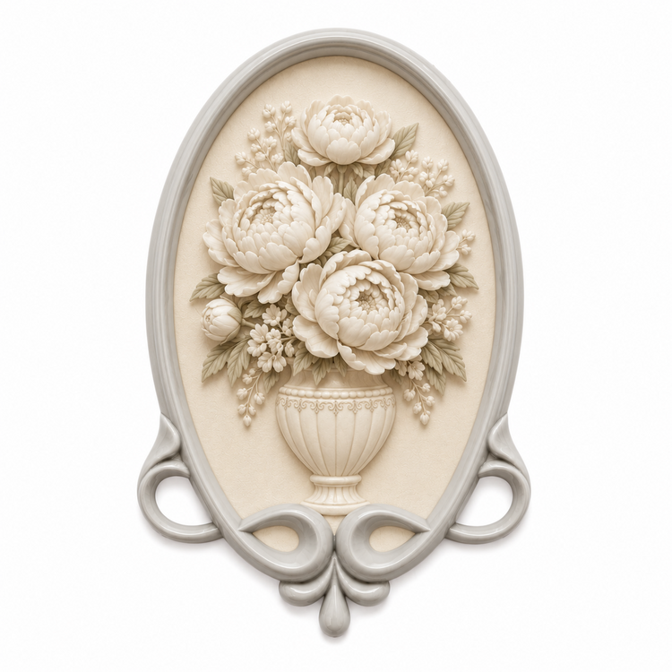 Marco Ovalado Clásico Nº 45 decorado en tonos beige con relieve floral realizado con molde de silicona AradiaShop