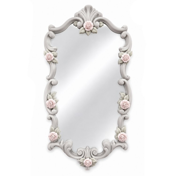 Marco Rococó Vertical Nº 8 decorado como espejo con rosas en porcelana fría en tonos pastel y marco gris claro