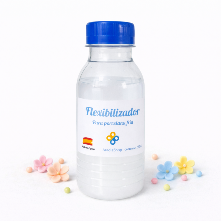 Flexibilizador para porcelana fría AradiaShop con ejemplos de uso en figuras y decoraciones