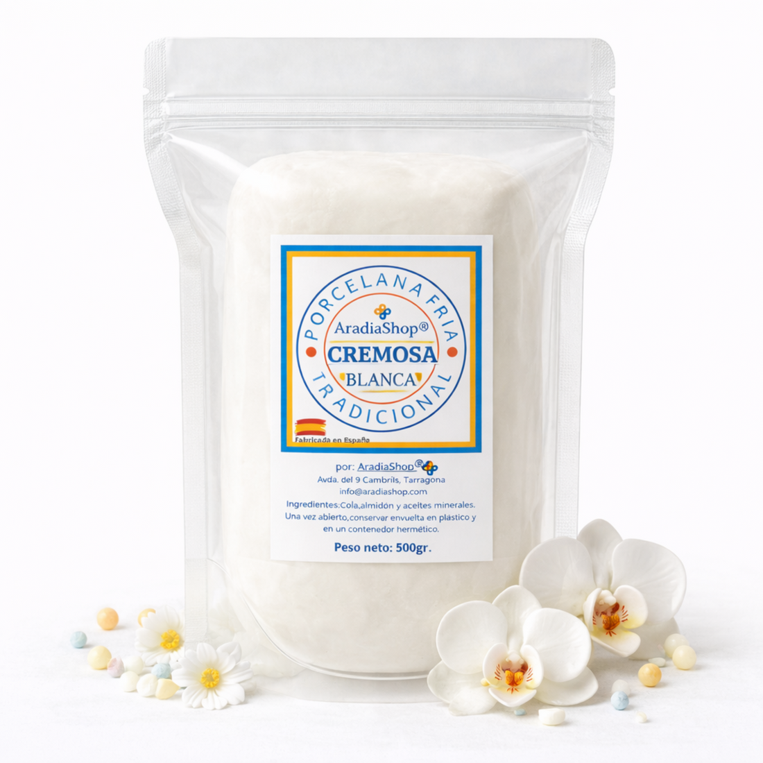 Porcelana fría cremosa blanca 500g AradiaShop para modelado y manualidades