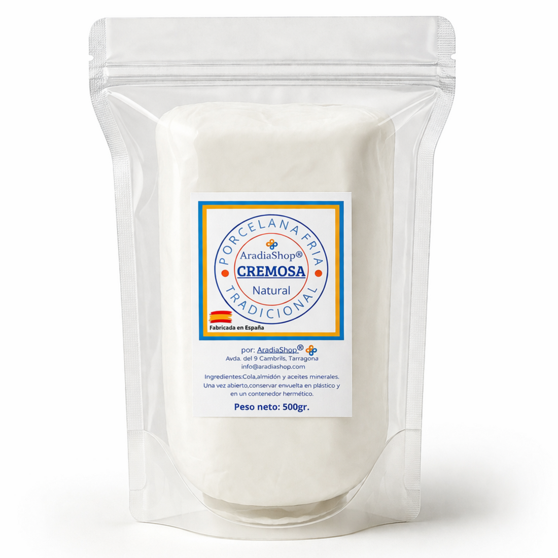 Porcelana Fría Cremosa 500g block with creamy texture for easy modeling and smooth finish in white and natural tones