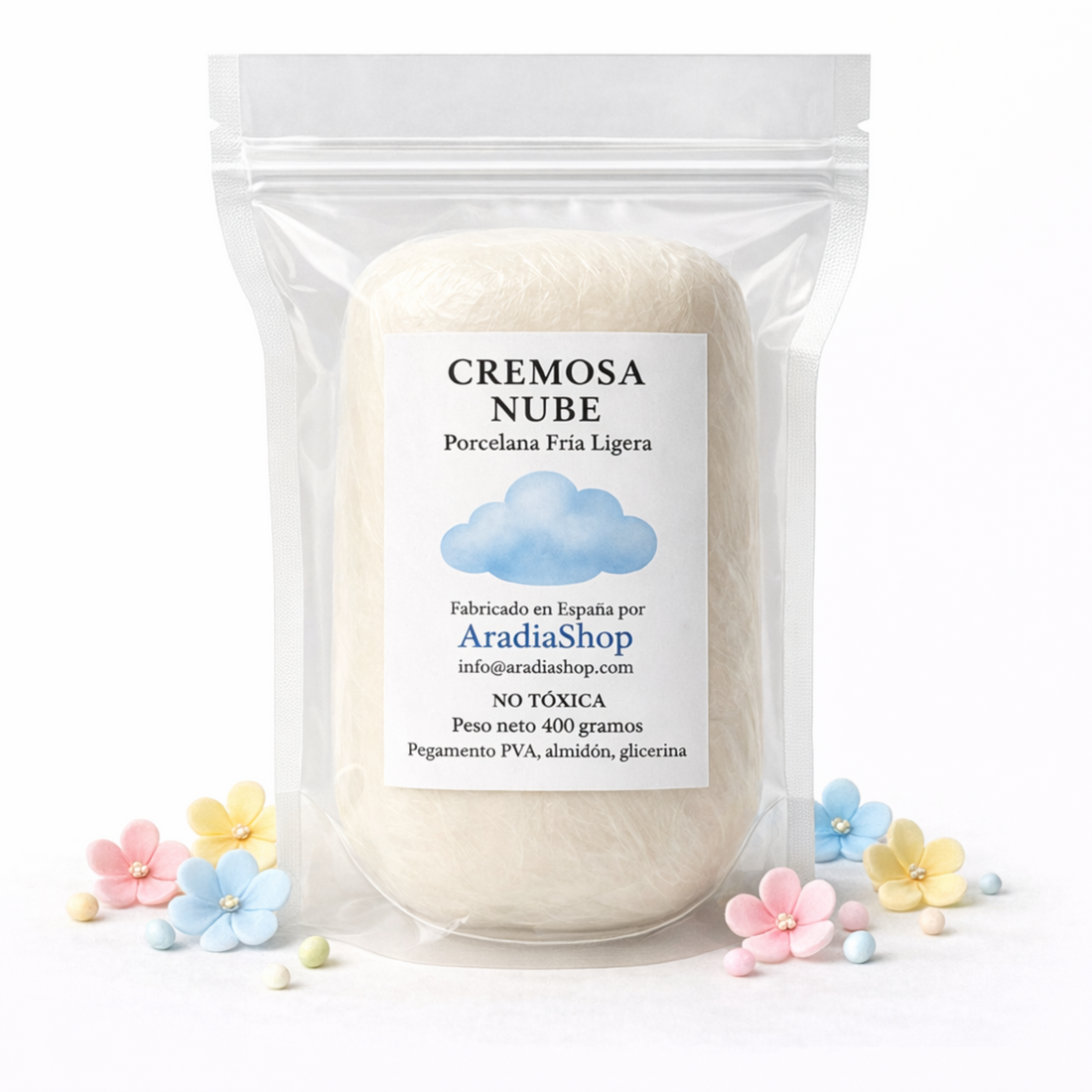 Porcelana fría cremosa nube ligera AradiaShop con ejemplo de flores y modelado decorativo
