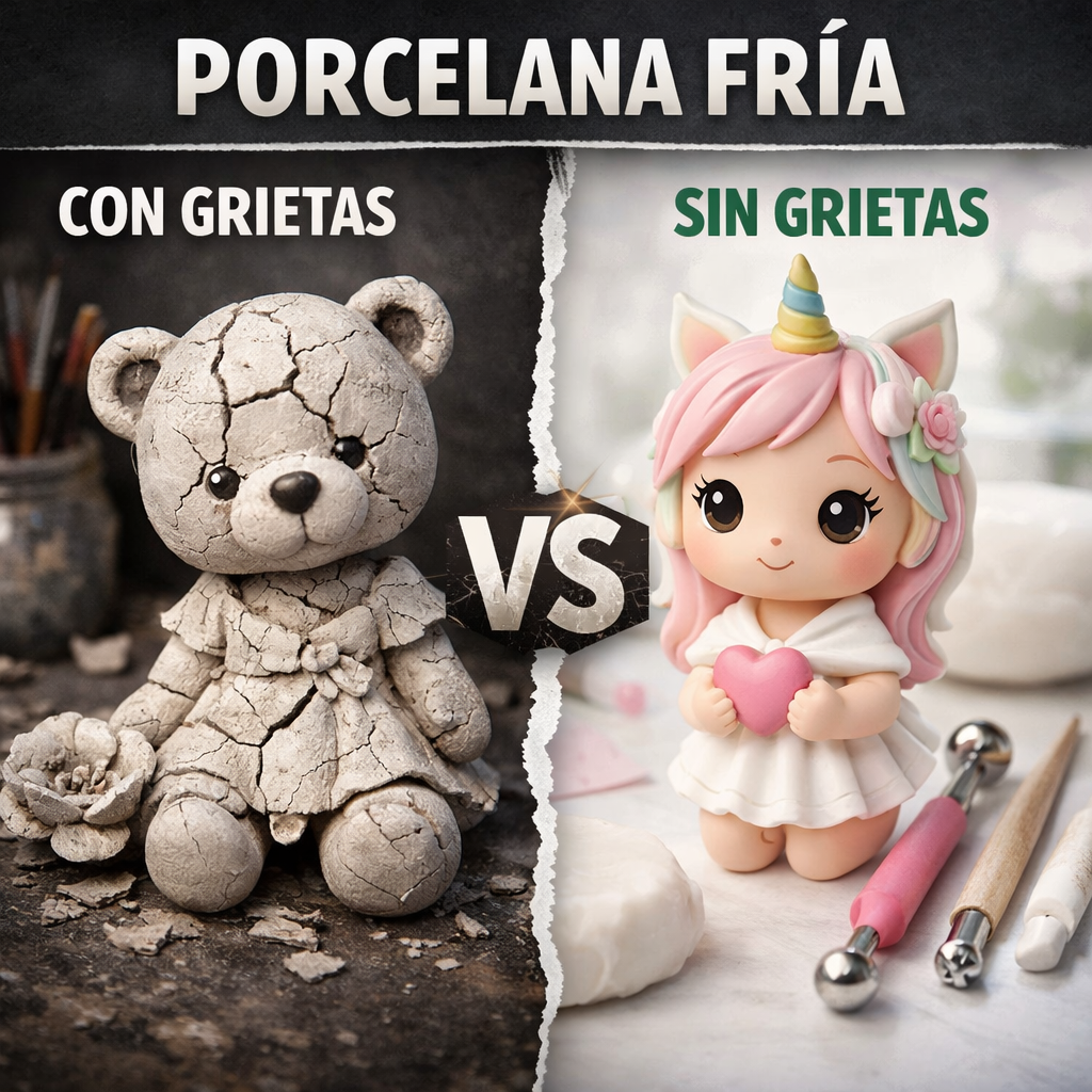 Comparación de porcelana fría con grietas y sin grietas usando aceite flexibilizador para evitar agrietamientos