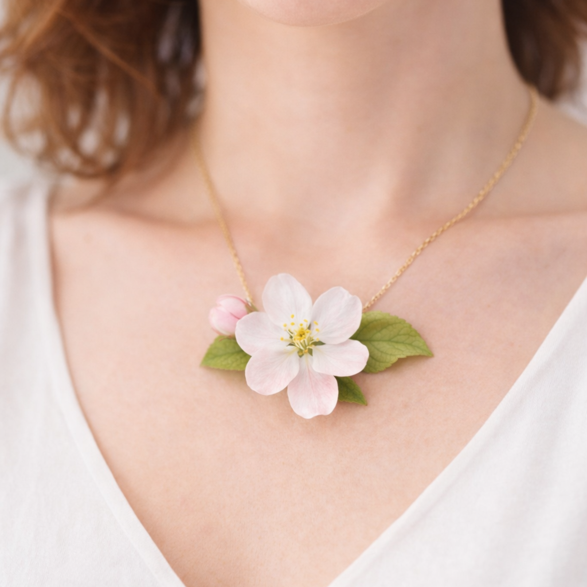 collar con flor de manzano en porcelana fría realista