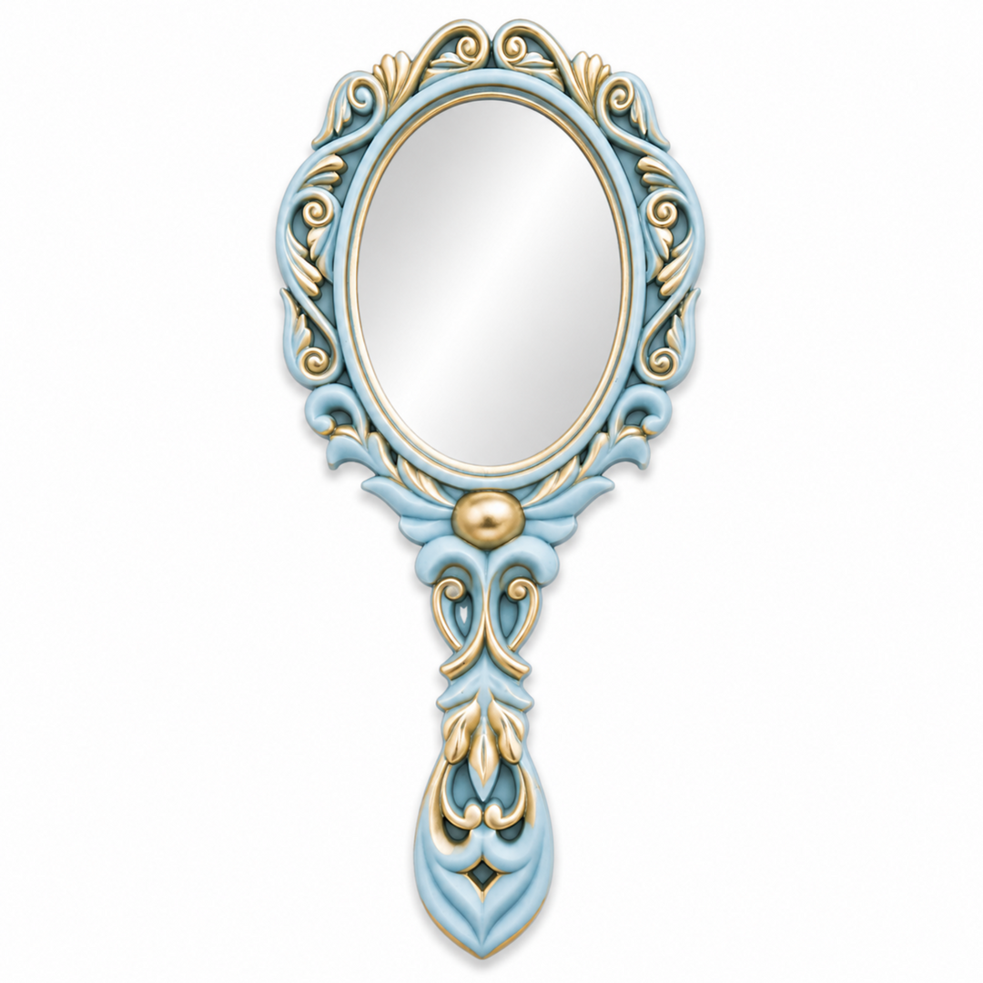 Espejo de Mano Barroco Nº 41 con acabado azul pastel y oro envejecido realizado con molde de silicona AradiaShop