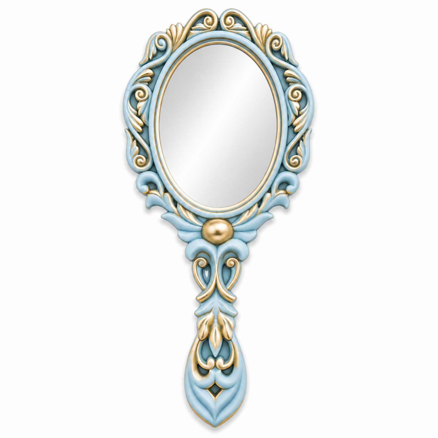 Espejo de Mano Barroco Nº 41 con acabado azul pastel y oro envejecido realizado con molde de silicona AradiaShop