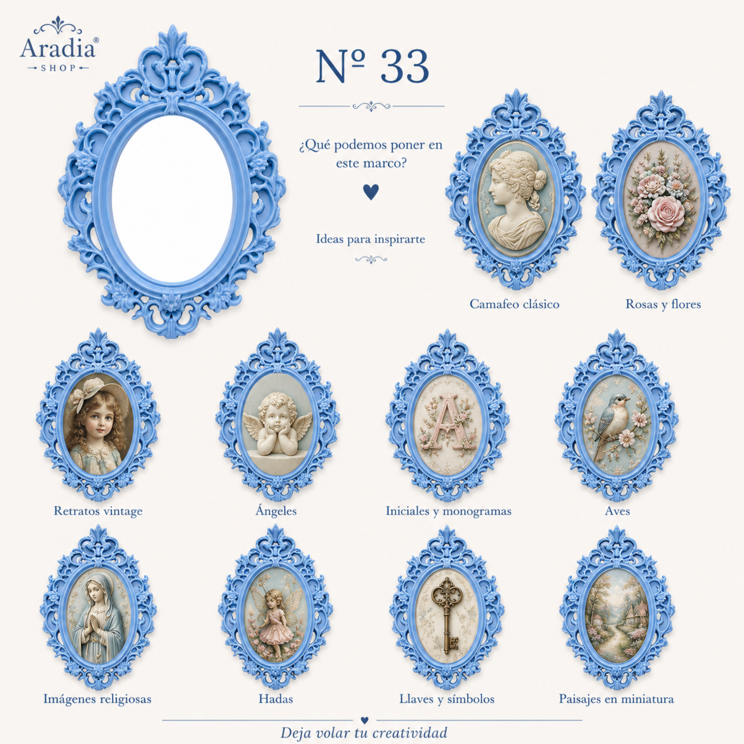Marco Barroco Ovalado Nº 33 con ejemplos de decoración vintage realizado con molde de silicona AradiaShop