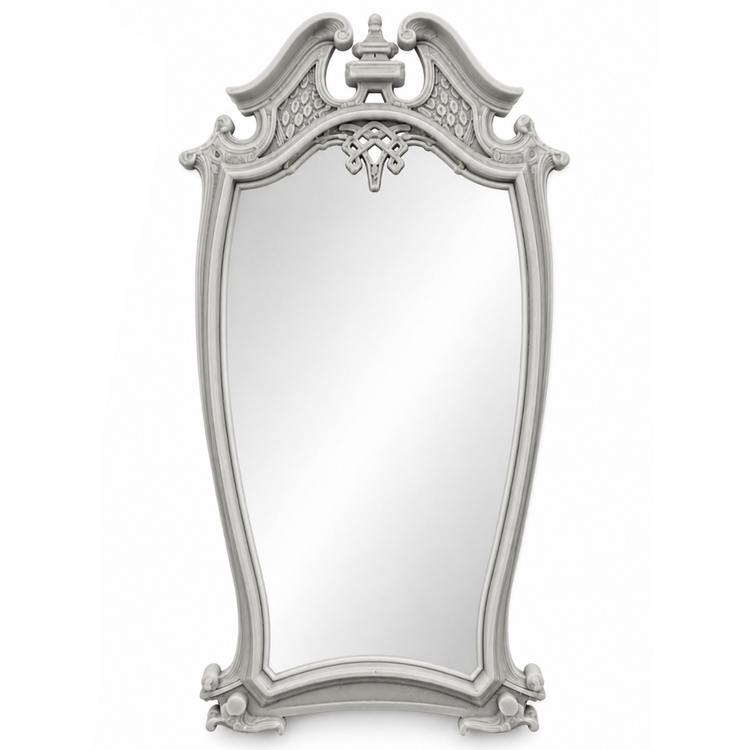 Marco Cartel Barroco Nº 12 decorado como espejo con marco gris claro realizado con molde de silicona AradiaShop