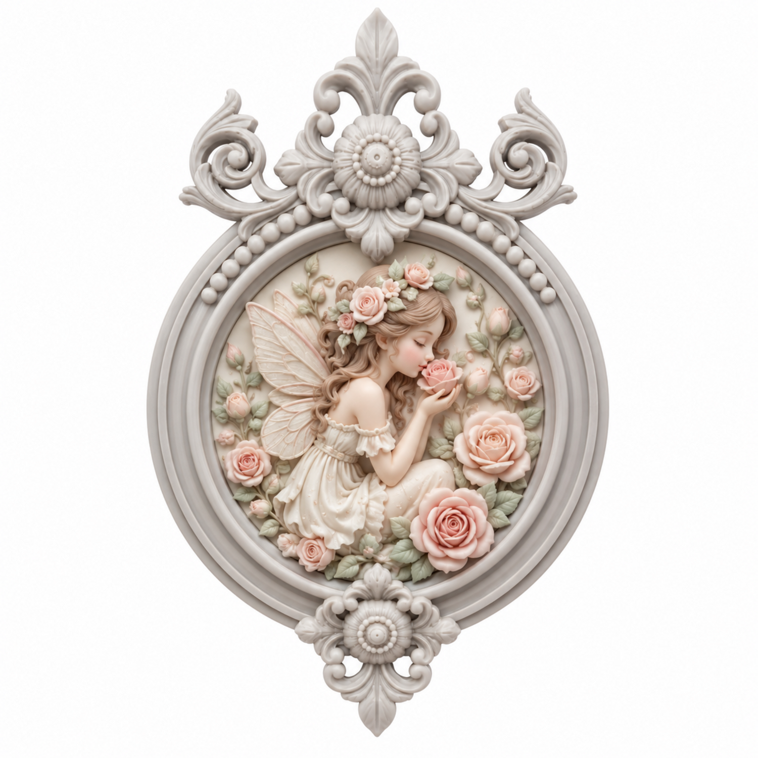 Marco Circular Ornamentado Nº 28 con hada de las rosas en tonos pastel realizado con molde de silicona AradiaShop