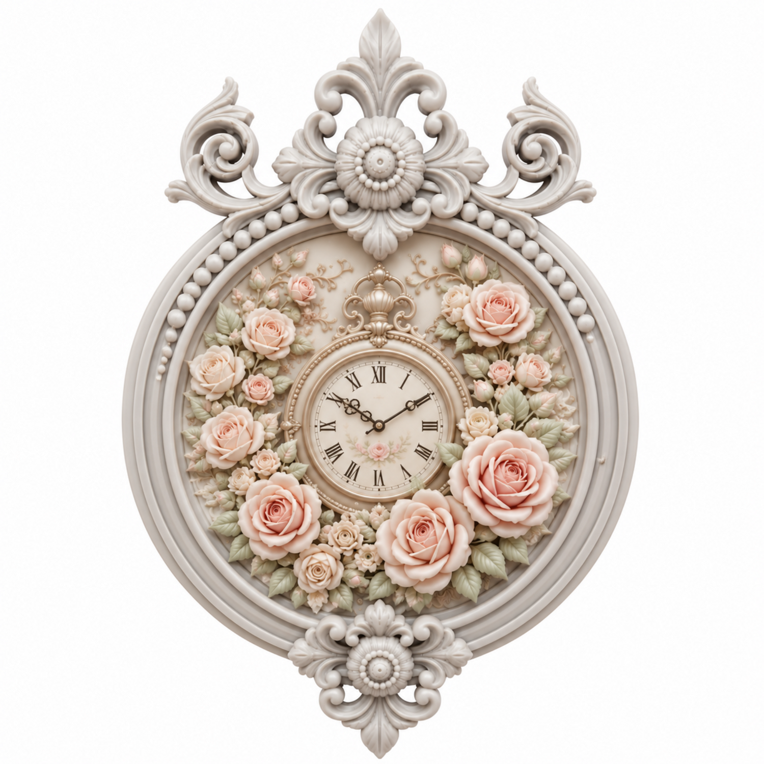 Marco Circular Ornamentado Nº 28 con reloj victoriano rodeado de rosas realizado con molde de silicona AradiaShop