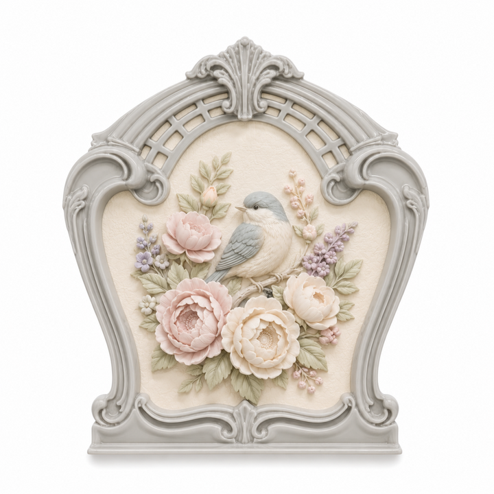 Marco Decorativo Art Nouveau Nº 48 con composición floral y ave en relieve realizado con molde de silicona AradiaShop
