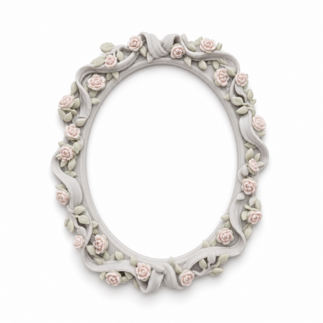 Marco Floral Oval Nº 7 decorado con delicadas rosas de porcelana fría en tonos pastel