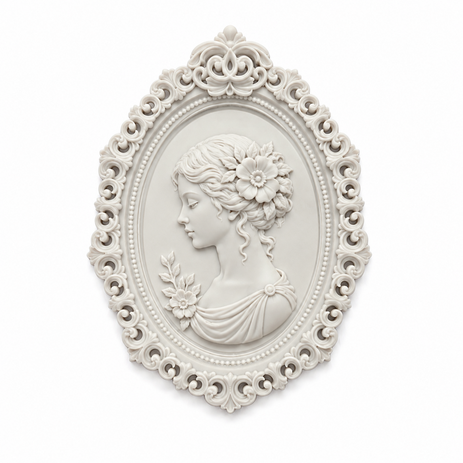 Camafeo femenino con flor en el cabello enmarcado en un marco ovalado barroco realizado con el Molde de Silicona Marco Ovalado Barroco Nº 11 de AradiaShop