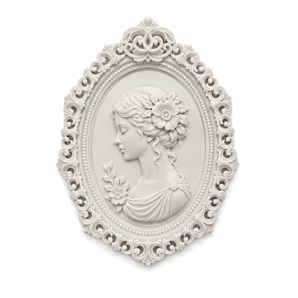 Camafeo femenino con flor en el cabello enmarcado en un marco ovalado barroco realizado con el Molde de Silicona Marco Ovalado Barroco Nº 11 de AradiaShop