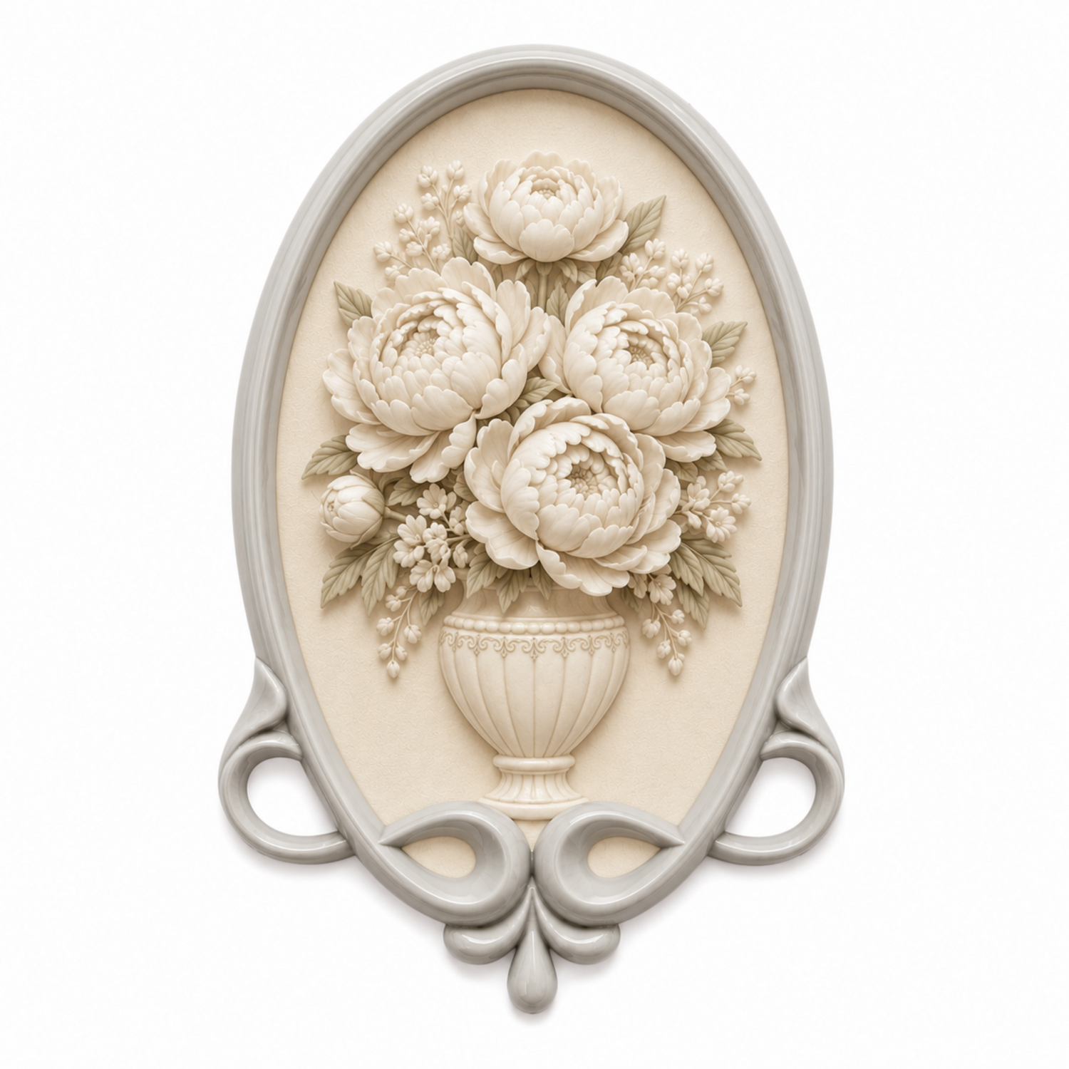 Marco Ovalado Clásico Nº 45 decorado en tonos beige con relieve floral realizado con molde de silicona AradiaShop