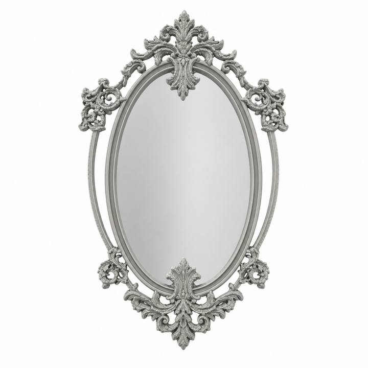 Marco Ovalado Ornamentado Nº 16 decorado como espejo vintage con marco gris claro realizado con molde de silicona AradiaShop
