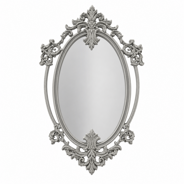 Marco Ovalado Ornamentado Nº 16 decorado como espejo vintage con marco gris claro realizado con molde de silicona AradiaShop