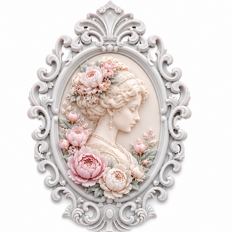 Marco Rococó Ovalado Nº 25 con camafeo victoriano y peonías en tonos pastel realizado con molde de silicona AradiaShop