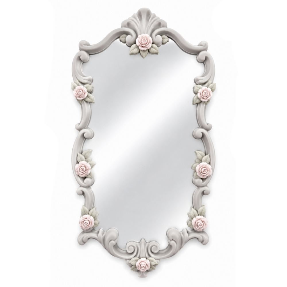 Marco Rococó Vertical Nº 8 decorado como espejo con rosas en porcelana fría en tonos pastel y marco gris claro