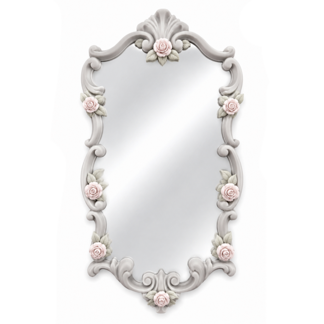 Marco Rococó Vertical Nº 8 decorado como espejo con rosas en porcelana fría en tonos pastel y marco gris claro