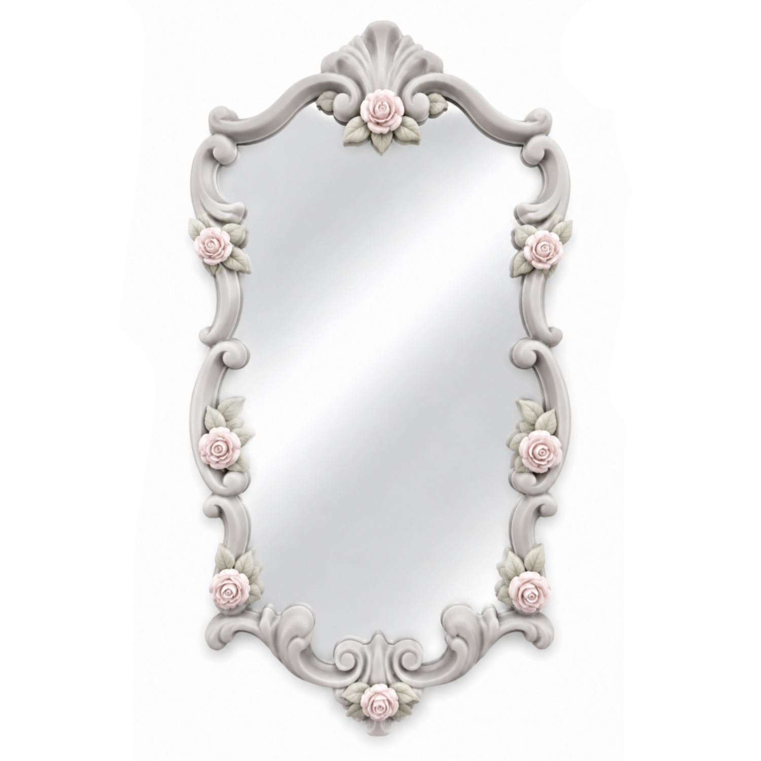 Marco Rococó Vertical Nº 8 decorado como espejo con rosas en porcelana fría en tonos pastel y marco gris claro