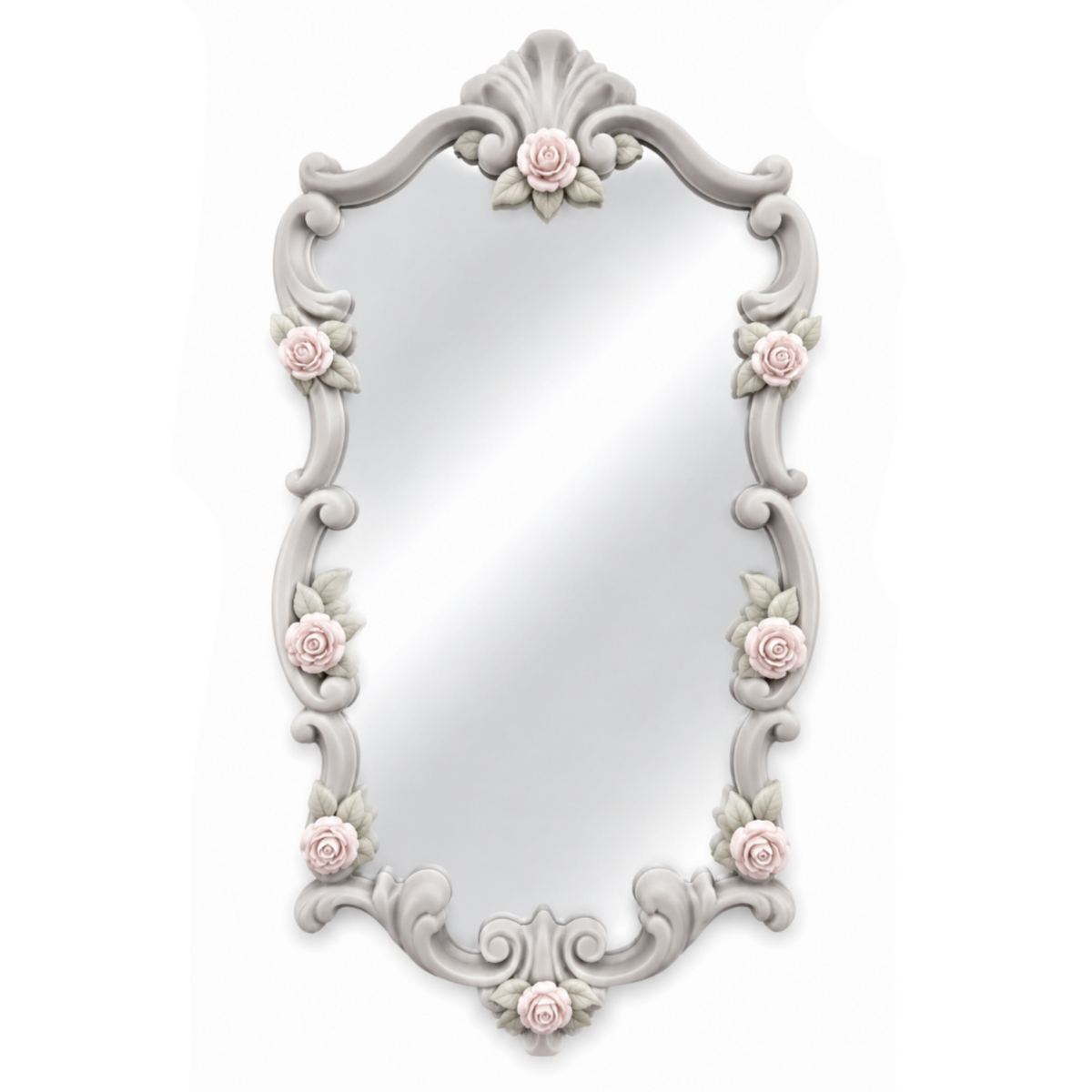 Marco Rococó Vertical Nº 8 decorado como espejo con rosas en porcelana fría en tonos pastel y marco gris claro