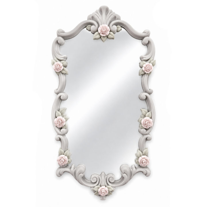 Marco Rococó Vertical Nº 8 decorado como espejo con rosas en porcelana fría en tonos pastel y marco gris claro