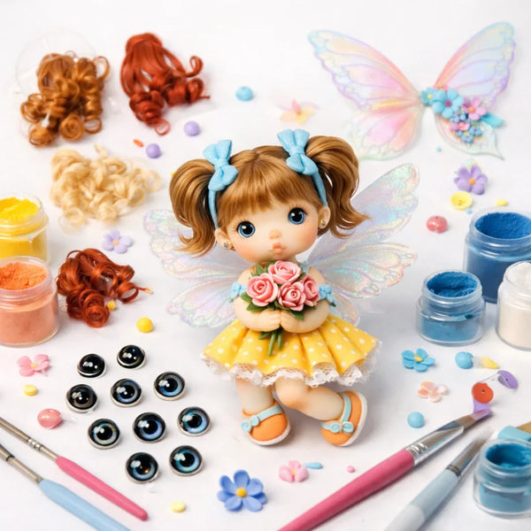 Muñeca hada con flores, porcelana fría y herramientas de modelado artesanal