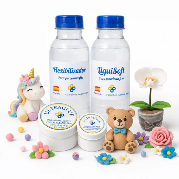 Productos para porcelana fría: Flexibilizador, LiquiSoft y Ultragleue con figuras artesanales y flores miniatura