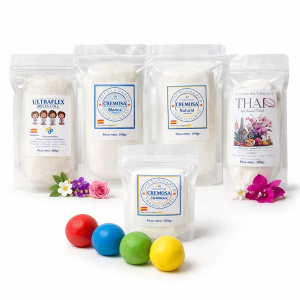 Porcelana fría en bolsas y bolas de colores para modelado artesanal y flores en miniatura