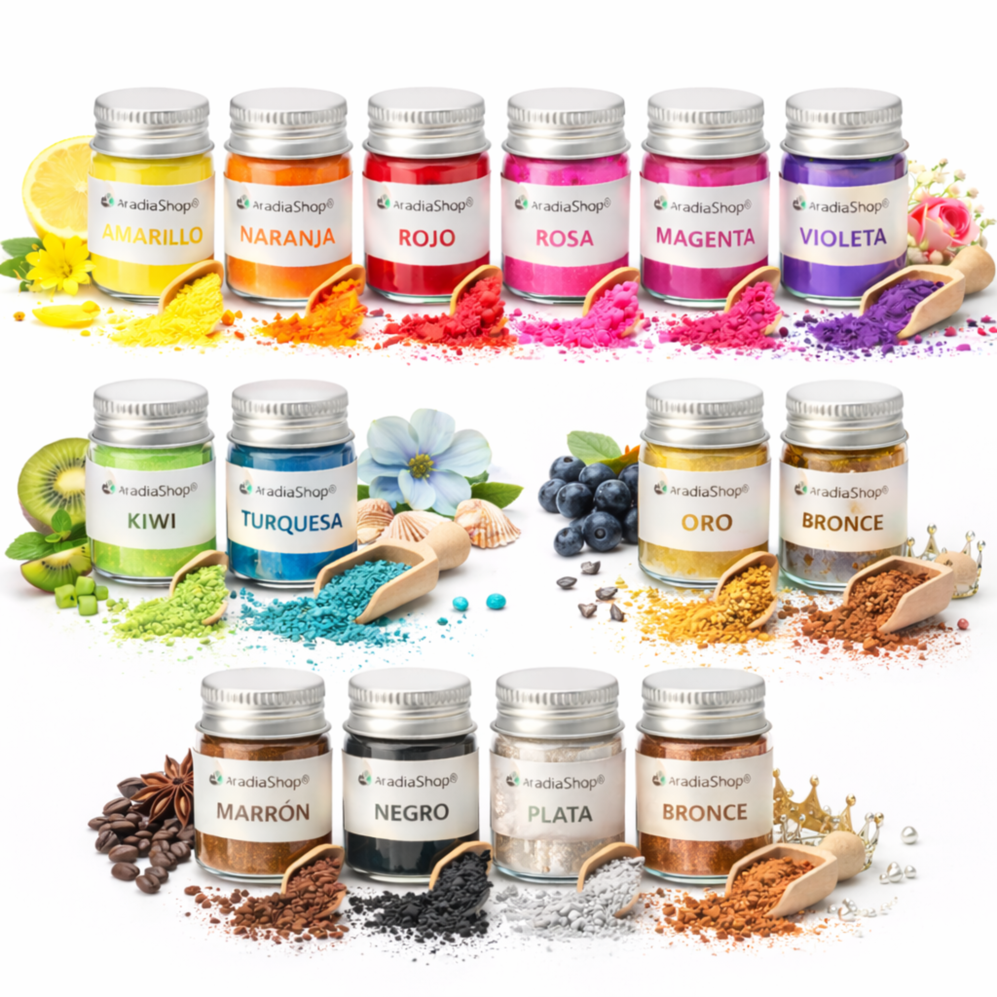 Pigmentos concentrados para porcelana fria AradiaShop en 14 colores: amarillo, naranja, rojo, rosa, magenta, violeta, kiwi, turquesa, marron, negro, oro, plata, bronce y perla