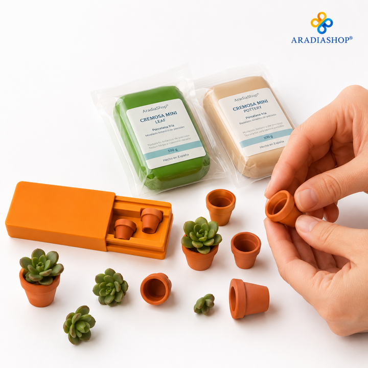 Modelado de mini macetas con porcelana fría Cremosa Mini para miniaturas
