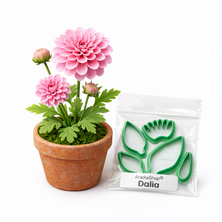 Cortadores de dalia AradiaShop junto a planta real de referencia para porcelana fria
