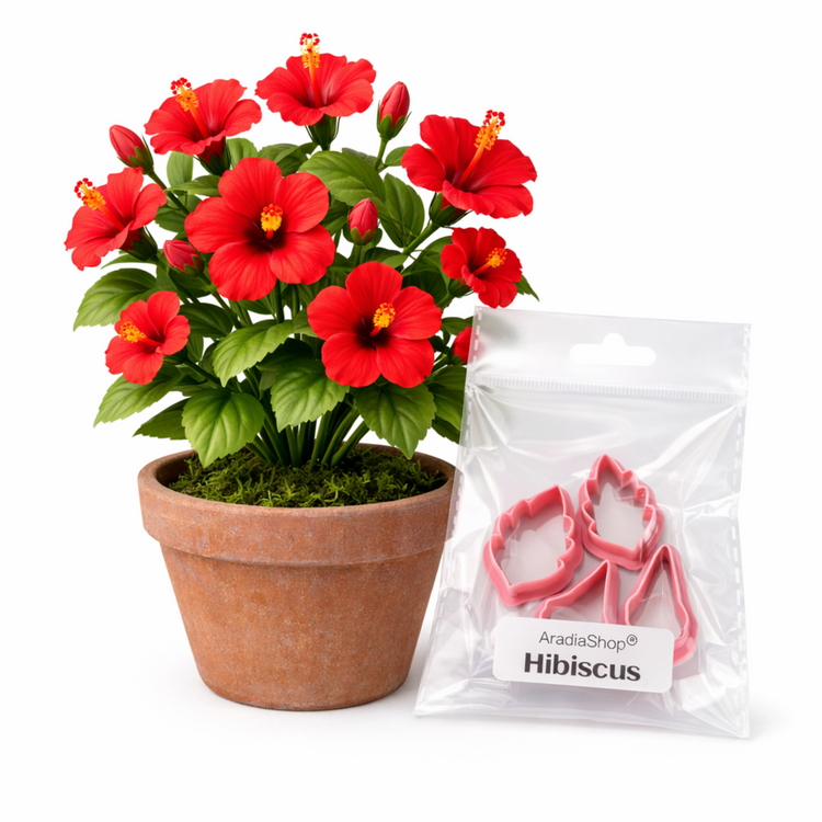 Cortadores de hibiscus en miniatura AradiaShop junto a planta real como referencia