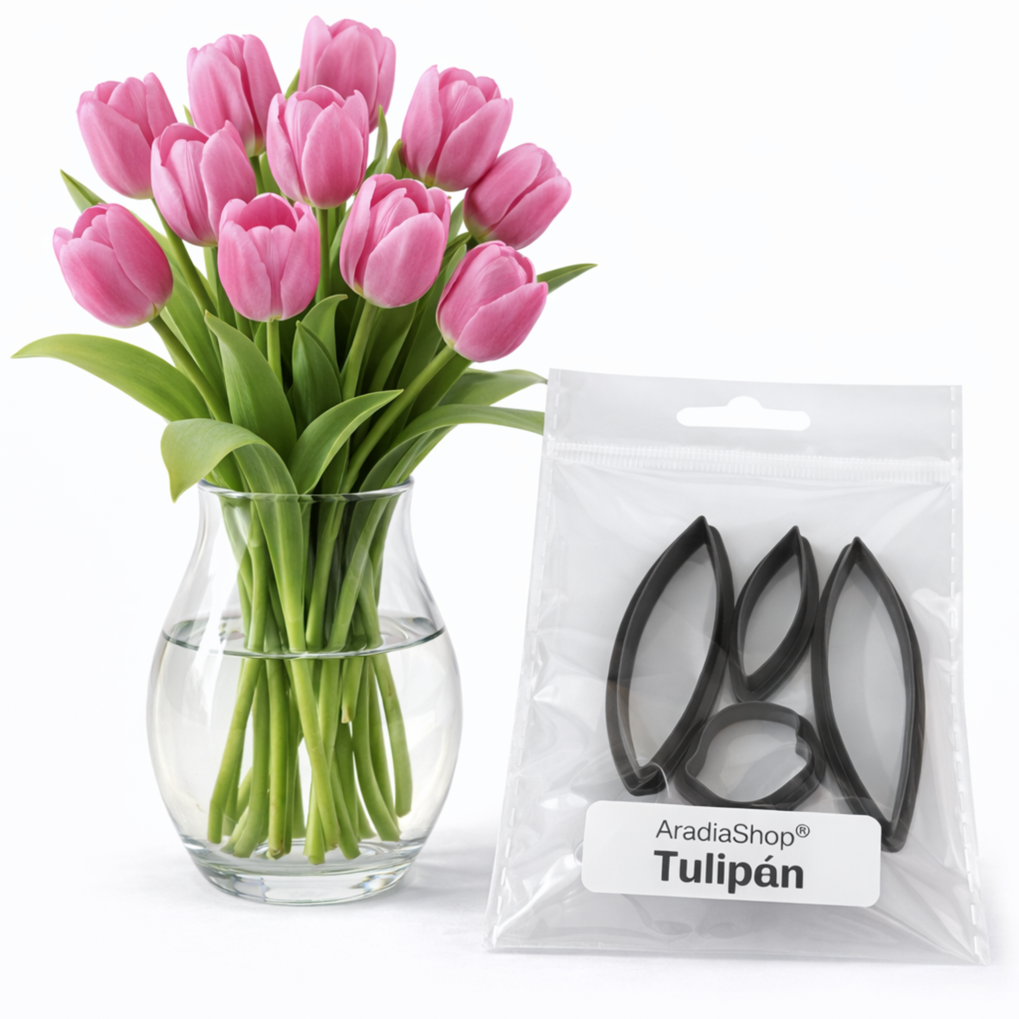 Cortadores de tulipan en miniatura AradiaShop junto a jarron con tulipanes de referencia
