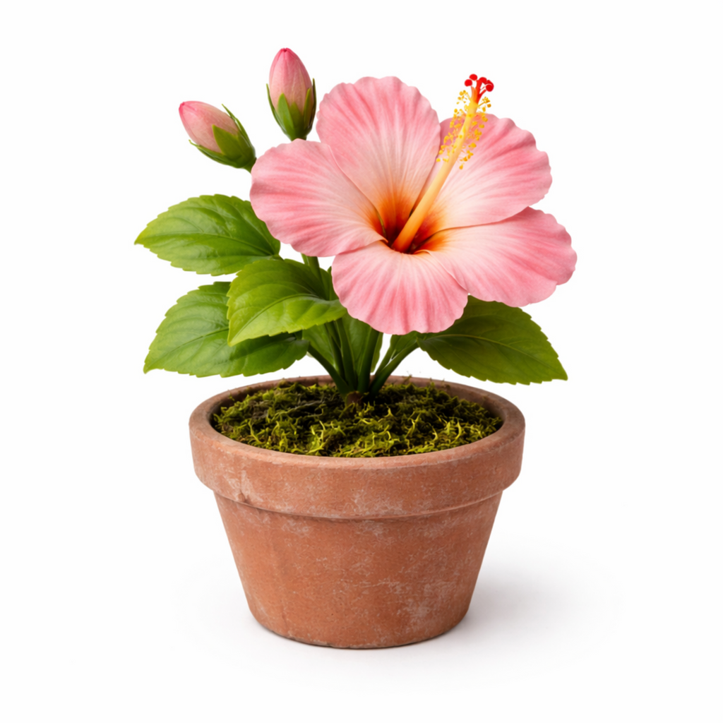 Flor de hibiscus rosa en miniatura realizada con porcelana fria usando cortadores AradiaShop