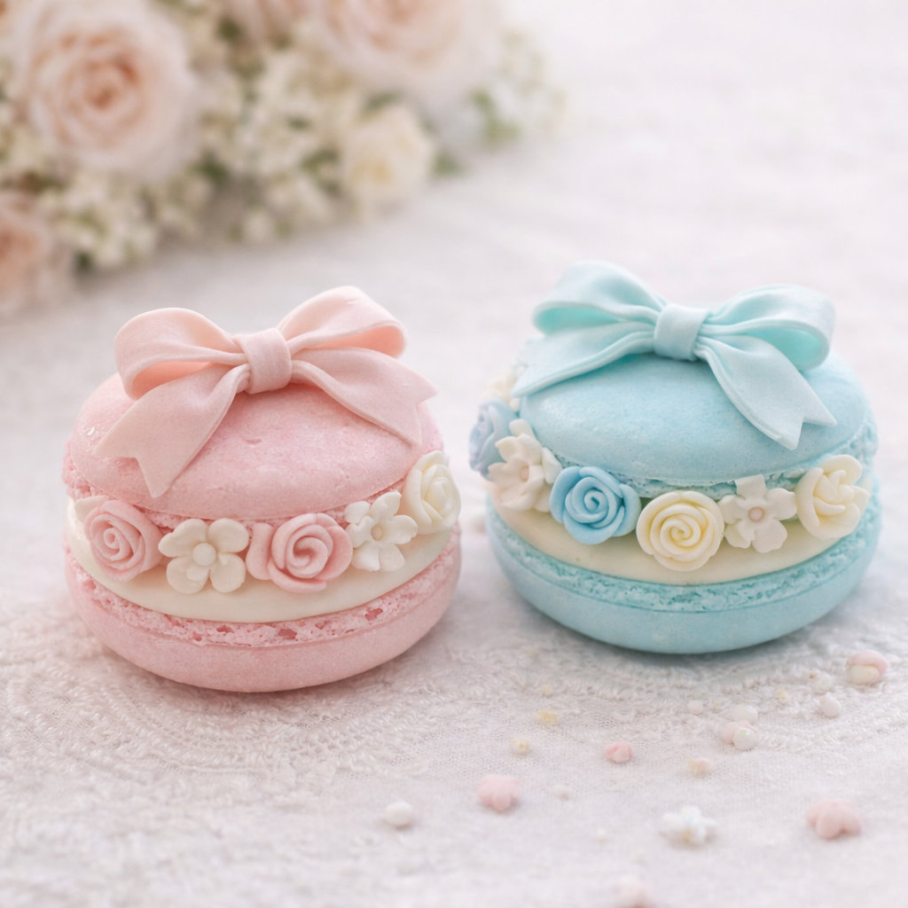 Macarrones decorados rosa y azul hechos con porcelana fria usando molde y cortador AradiaShop