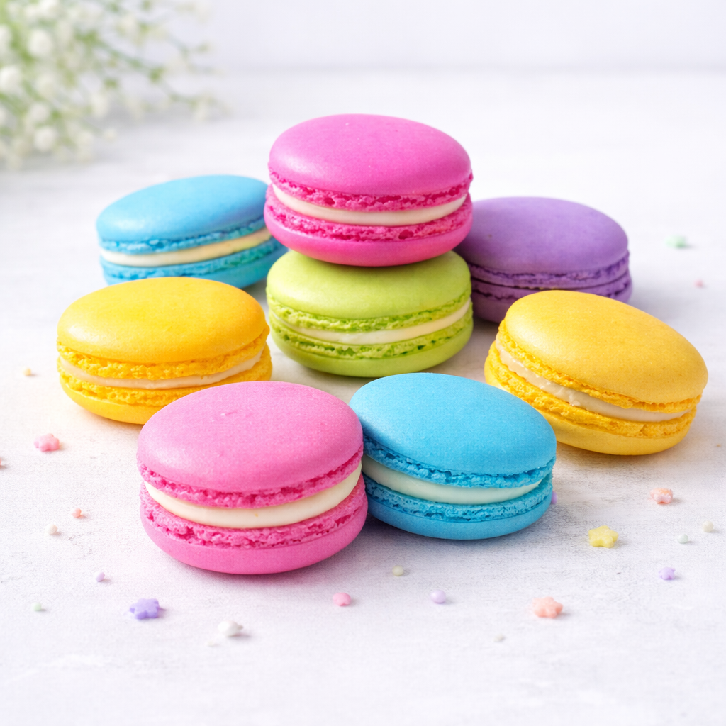 Macarrones de colores vivos hechos con porcelana fria usando molde y cortador AradiaShop
