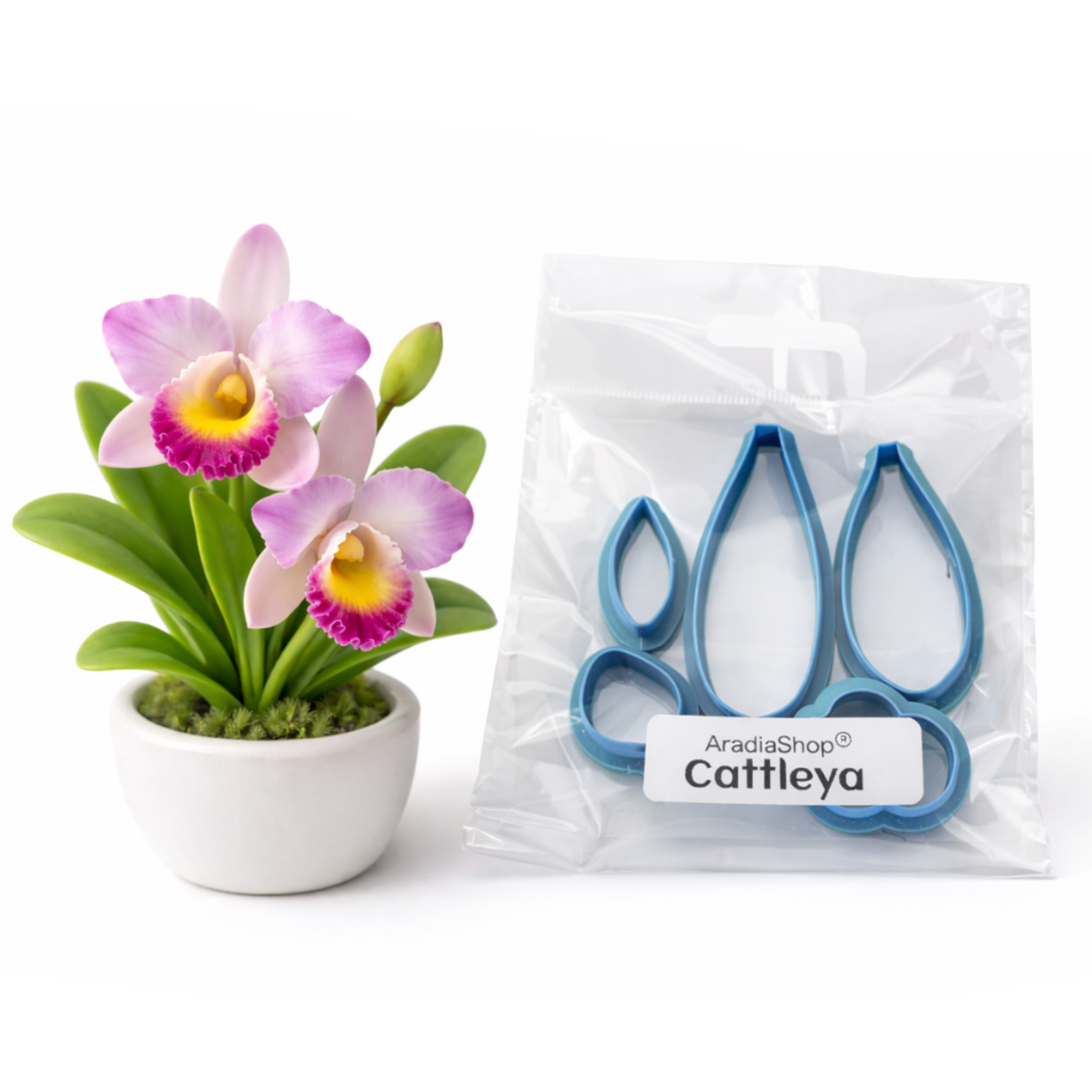 Flor Cattleya realizada con minicortadores AradiaShop para porcelana fria y modelado
