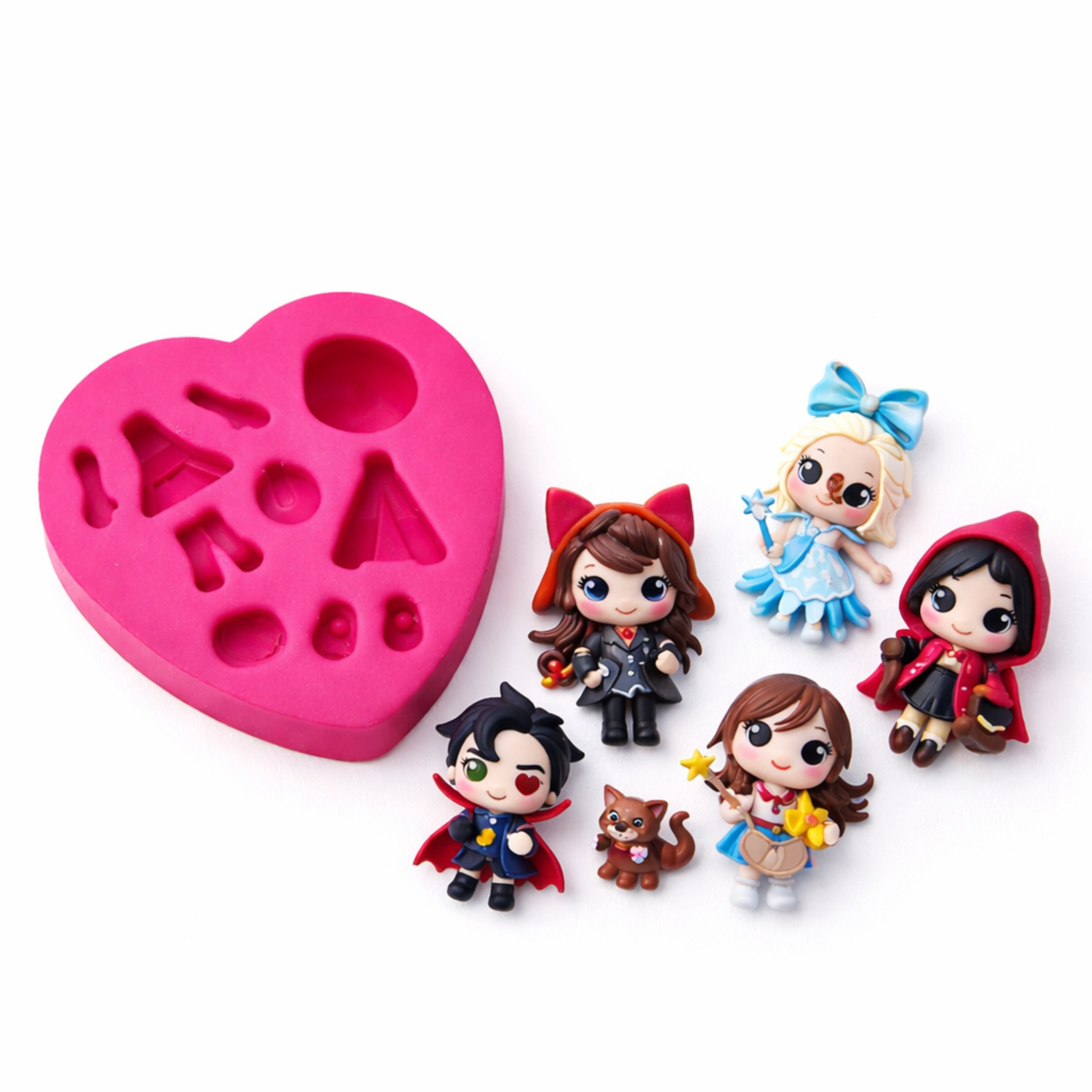 Molde de silicona para muñecas tipo chibi AradiaShop con ejemplos de figuras realizadas