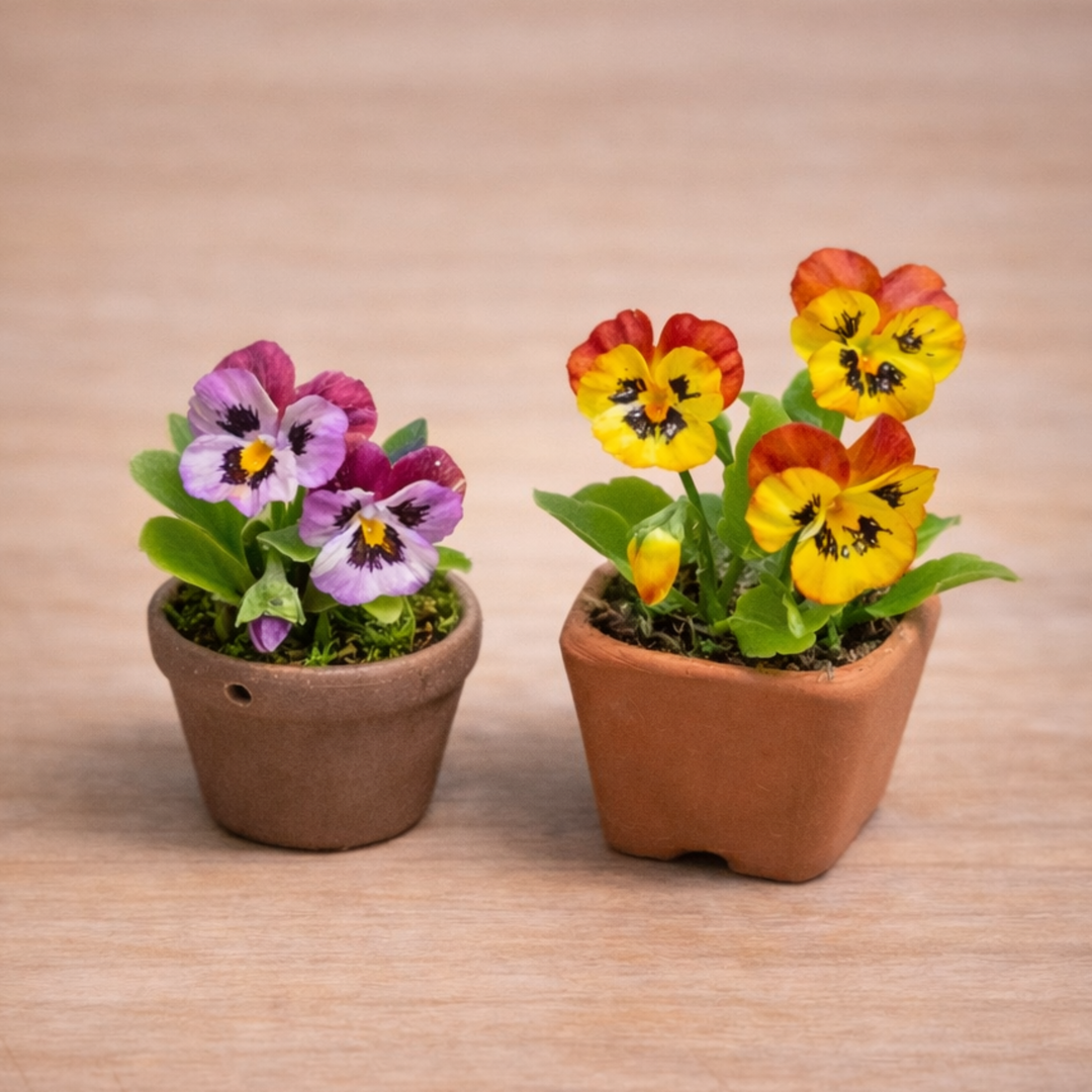 Flores de pensamiento en porcelana fria en macetas realizadas con cortadores AradiaShop