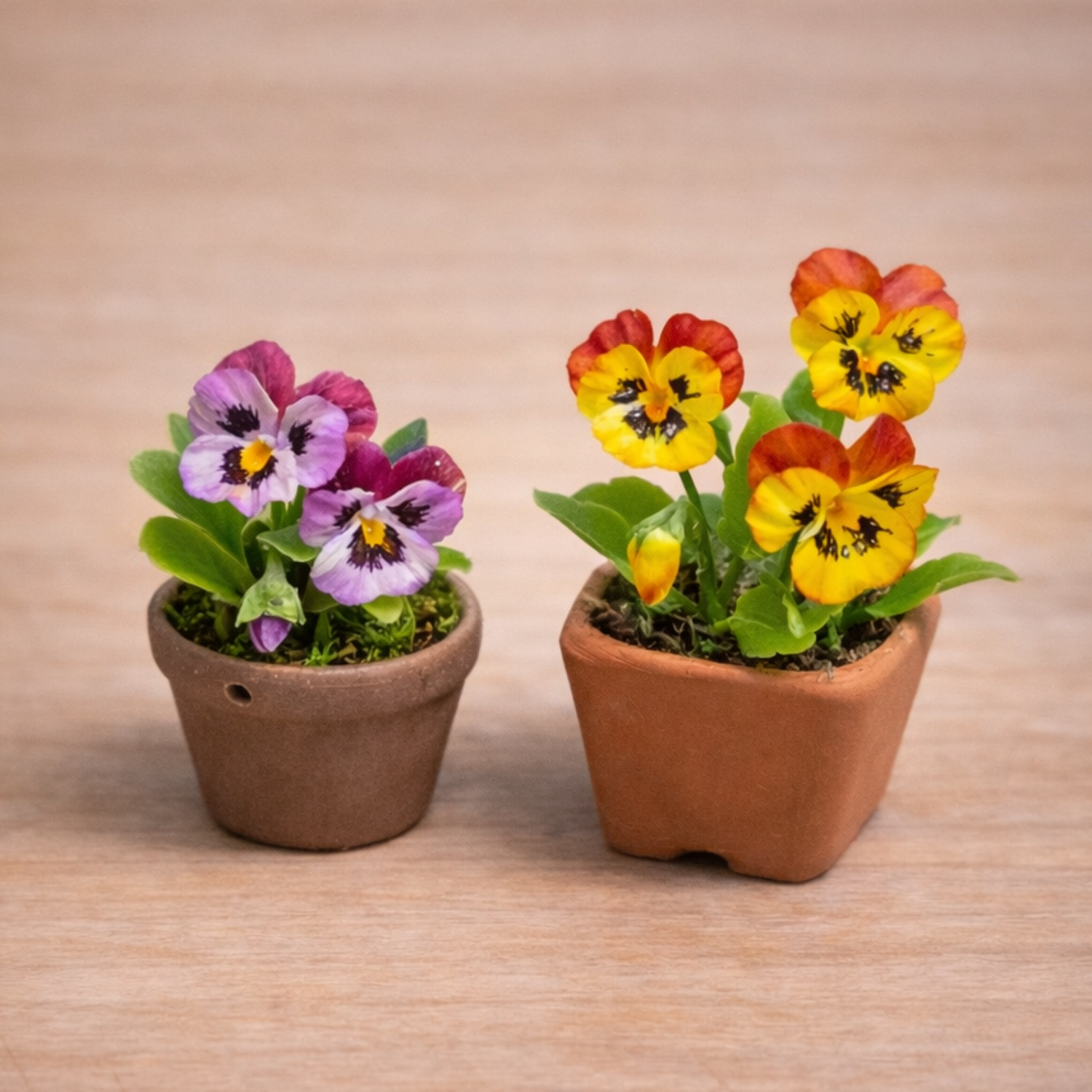 Flores de pensamiento en porcelana fria en macetas realizadas con cortadores AradiaShop