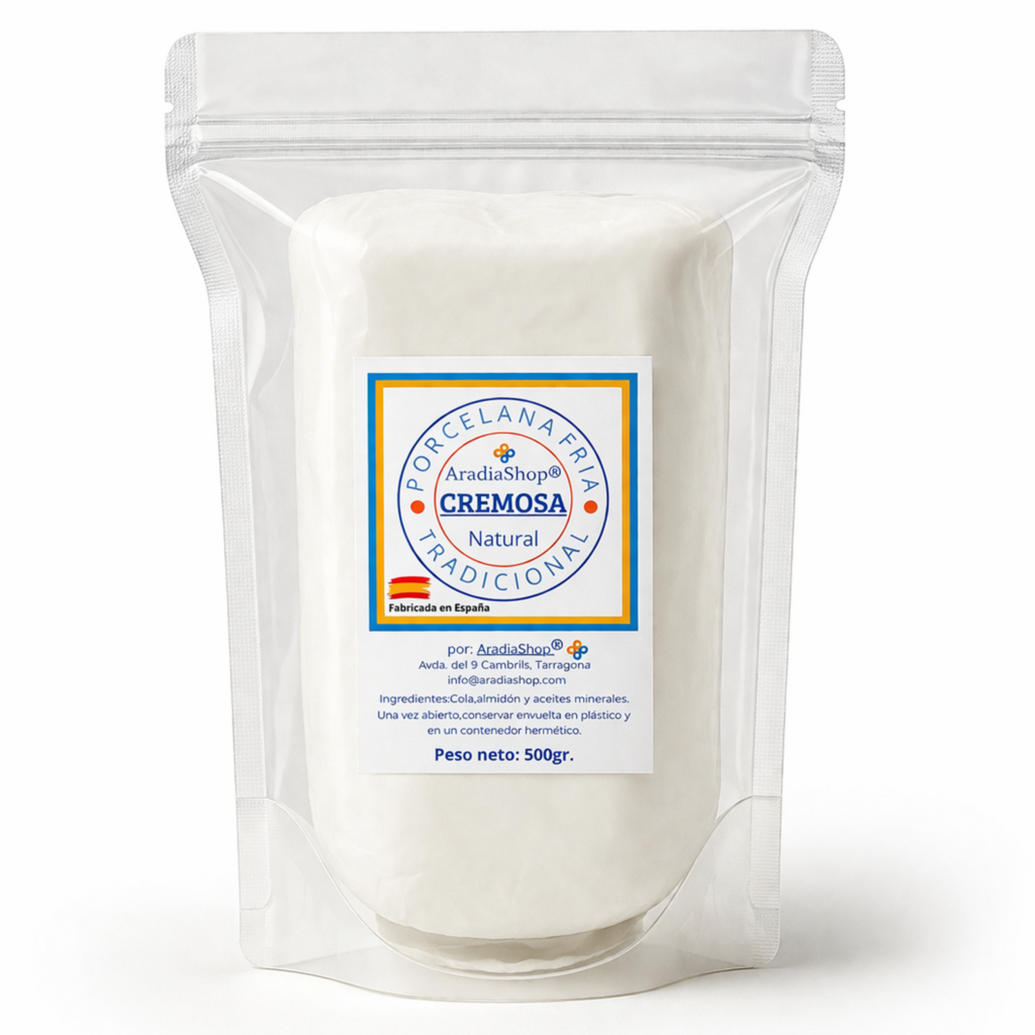 Porcelana Fría Cremosa 500g block with creamy texture for easy modeling and smooth finish in white and natural tones