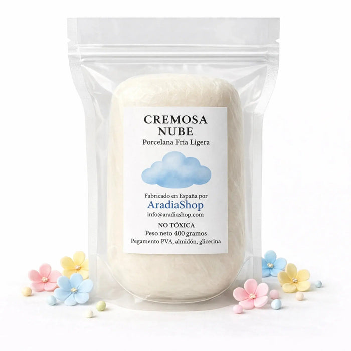 Porcelana fría cremosa nube ligera AradiaShop con ejemplo de flores y modelado decorativo
